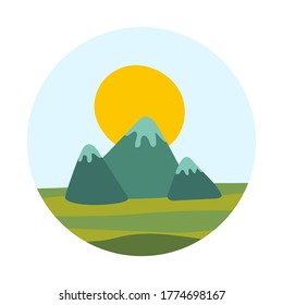 Vector illustration of a silhouette of mountains with snowy peaks against the background of the sun, sky and grass in a circle. Nature. Flat. Digital.