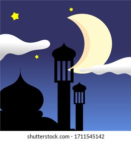 vector illustration, silhouette of mousque, moon, starts, and sky, ramadan and win is coming. flat background style