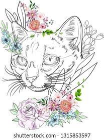 vector illustration silhouette of a muzzle cat with flowers and leaves on white background