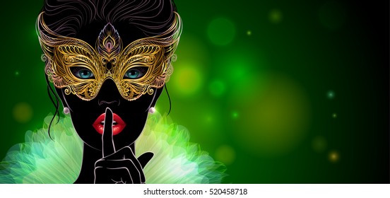 Vector Illustration. A silhouette of mysterious lady in golden carnival mask put a finger on lips in a hush gesture. Beautiful concept design for greeting card, party invitation, banner or flyer.