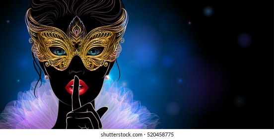 Vector Illustration. A silhouette of mysterious lady in golden carnival mask put a finger on lips in a hush gesture. Beautiful concept design for greeting card, party invitation, banner or flyer.