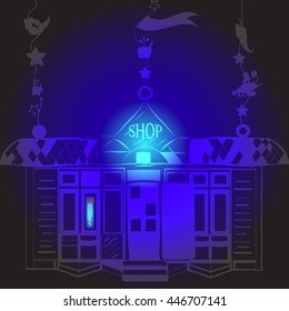 vector illustration of a silhouette of the neon shop sign hanging in night air