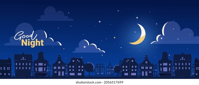 Vector illustration of silhouette of night city street on dark blue sky background with cloud and shine moon. Flat style design with text for web, site, banner, poster, flyer