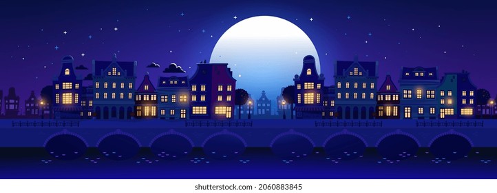 Vector Illustration Of Silhouette Of Night City Street With Light Window And Bridge On Dark Blue Sky Background With Cloud And Shine Full Moon. Flat Style Design For Web, Site, Banner, Poster, Flyer
