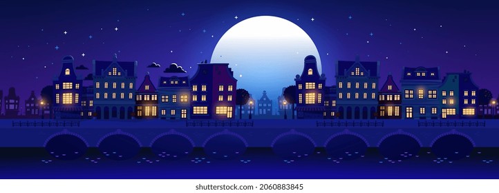 Vector illustration of silhouette of night city street with light window and bridge on dark blue sky background with cloud and shine full moon. Flat style design for web, site, banner, poster, flyer