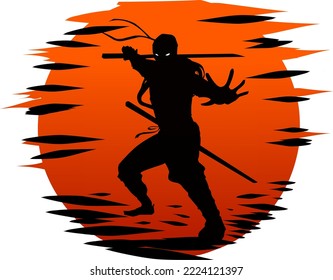 vector illustration of a silhouette ninja in the ancient Japanese battle