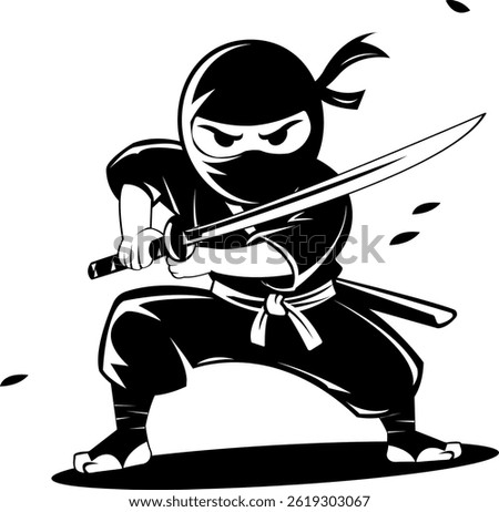 vector illustration silhouette of a ninja character ready for battle on a white background