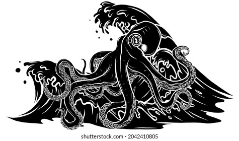 vector illustration of silhouette octopus in waves.