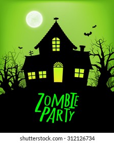 Vector illustration silhouette of an old abandoned house. Silhouette of trees. Zombie party. Halloween. EPS 10