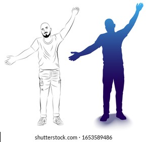 Vector illustration of a silhouette and outline of a man with arms wide open. Isolated image of a man.