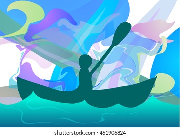 Vector illustration. Silhouette of paddler in a canoe on colorful abstract background.