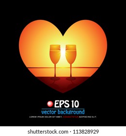 vector illustration of silhouette of a pair of wine glass at the beach on background of sunset in valentine heart shape