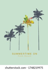Vector illustration of silhouette of palm trees in graphic style with text.