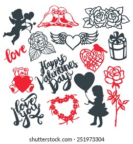 A vector illustration of silhouette or paper cut style valentine's day design elements. This set include symbols like cupid, flowers, heart and more. Ideal for valentine's day theme projects.