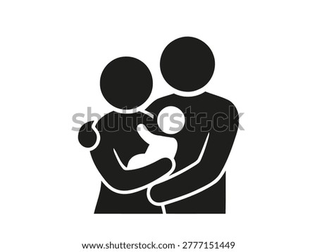 Vector illustration of a silhouette parent hugging a child. Flat minimalist black silhouette style for family, love, parenting, care, and togetherness themes.