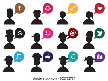 Vector illustration of silhouette of people of different race and professions with speech balloons,
