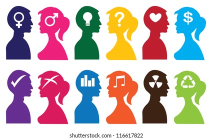 Vector illustration of silhouette people with idea thoughts/symbols.
