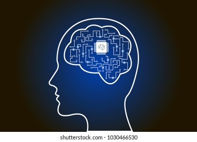 Vector illustration of silhouette of person with CPU in head. Microchip memory flash in brain, bionic memory concept. Flat eps design.