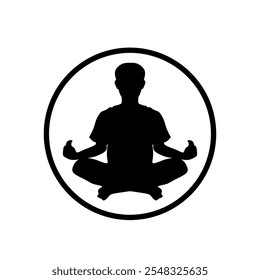 Vector illustration of a silhouette of a person meditating in the lotus position, conveying peace and awareness, serenity and the practice of yoga and meditation. Perfect for relaxation themes.