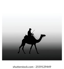 vector illustration silhouette of person riding camel isolated on dark grey white background