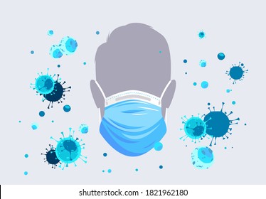Vector illustration of the silhouette of a person's face in a medical mask, virus protection, please wear a mask