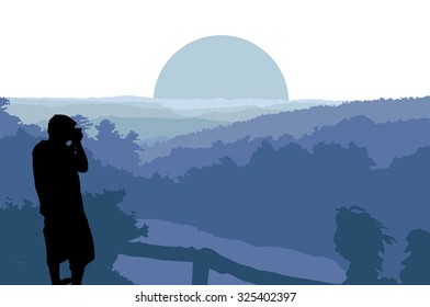 vector illustration, Silhouette of a photographers who shooting a sunset on the mountains.
