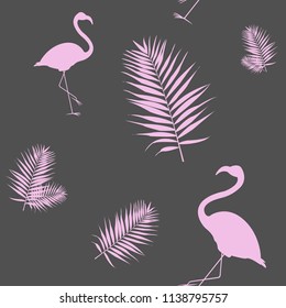 Vector illustration of a silhouette of a pink flamingo with palm leafs