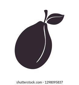 Vector illustration. Silhouette of plum with stem and leaf. Healthy vegetarian food. Decoration for packaging, menus, signboards, showcases. Isolated  pattern on white background