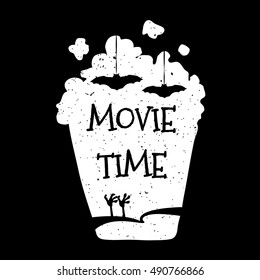 Vector illustration with silhouette popcorn bucket. Movie time. 
Horror film. Halloween card.
