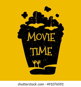 Vector illustration with silhouette popcorn bucket. Movie time. 
Horror film. Halloween card.