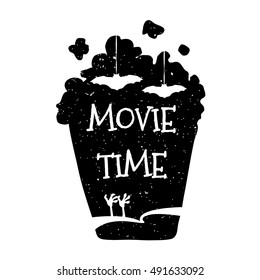 Vector illustration with silhouette popcorn bucket. Movie time. 
Horror film. Halloween card.