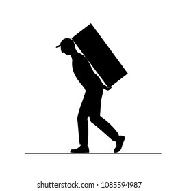 Vector illustration of  silhouette porter man . Worker is carrying large box behind his back. Cartoon loader man. 