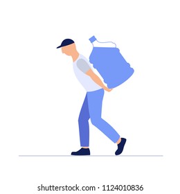 Vector illustration of  silhouette porter man . Worker is carrying a large bottle of water  his back. Cartoon loader man. 