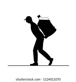 Vector illustration of  silhouette porter man . Worker is carrying a large bottle of water  his back. Cartoon loader man. 