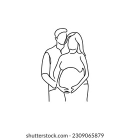 Vector illustration. Silhouette of a pregnant woman with her husband. One line art.