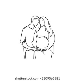 Vector illustration. Silhouette of a pregnant woman with her husband. One line art.