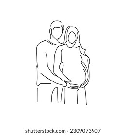 Vector illustration. Silhouette of a pregnant woman with her husband. One line art.