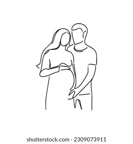 Vector illustration. Silhouette of a pregnant woman with her husband. One line art.
