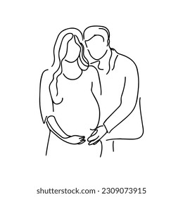 Vector illustration. Silhouette of a pregnant woman with her husband. One line art.