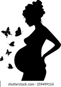 vector illustration of silhouette of pregnant woman and butterflies