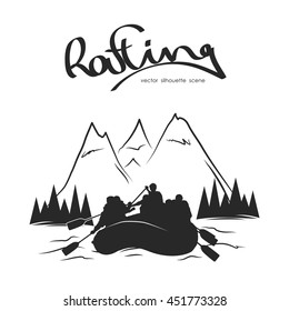 Vector illustration: Silhouette of rafting team and river on mountains background