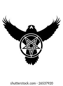 Vector illustration of the silhouette of a raven with a pentagram in grunge style.