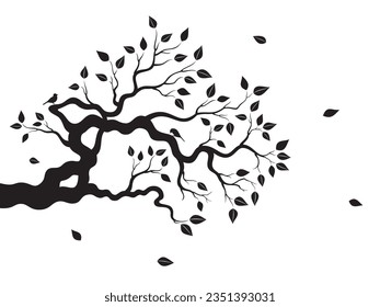 Vector illustration of silhouette of realistic, curl tree branch with leaves and two birds, in black color, isolated, on white background.