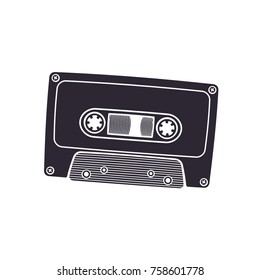 Vector illustration. Silhouette of retro audio cassette. Analog media for recording and listening to stereo music. Old-fashioned tape cassette. Isolated  pattern on white background