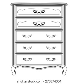 Vector illustration of silhouette of retro drawer chest , isolated black and white