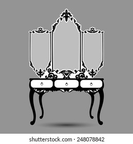 Vector illustration of silhouette of retro dressing console and mirror in baroque style isolated on grey background