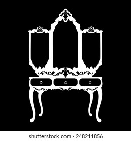 Vector illustration of silhouette of retro dressing console and mirror in baroque style isolated on grey background