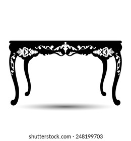 Vector illustration of silhouette of retro table in baroque style isolated on white background