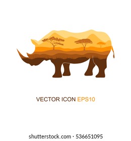 Vector illustration of a silhouette of a rhino  on isolated white background. Rhinoceros side view profile. Silhouette of rhinoceros. Logo. Vector illustration.