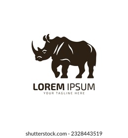 Vector illustration of a silhouette of a rhino standing on silhouette design isolated dark white background. Rhinoceros side view profile.